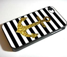 Anchor Gold Bling Glitter Black Stripes - Custom iPhone 4/4S, iPhone 5, Samsung Galaxy S3 Case