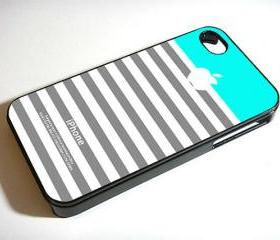 Coral Grey Stripe Blue Apple - Custom iPhone 4/4S, iPhone 5, Samsung Galaxy S3 Case