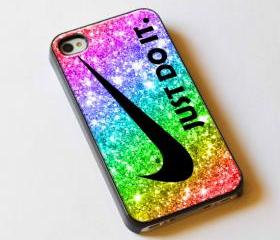 Just Do It Nike Rainbow Sparkle Glitter Printed - Custom iPhone 4/4S, iPhone 5, Samsung Galaxy S3 Case